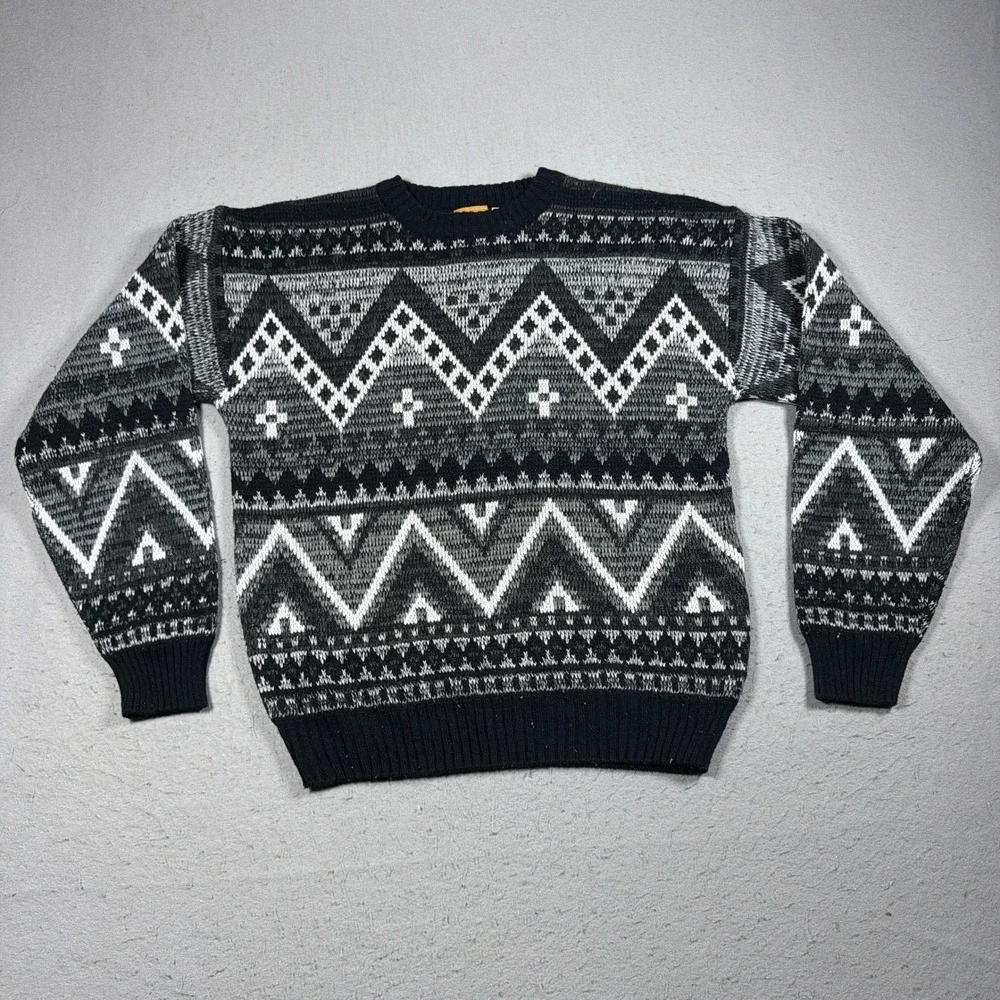 Vintage Sweater Men Medium Geometric Pattern Black White Gray Grandpa 80s Casual